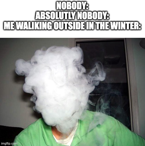 It honestly looks like vaping | NOBODY:
ABSOLUTLY NOBODY:
ME WALIKING OUTSIDE IN THE WINTER: | image tagged in vape cloud,vaping,winter,winter is here | made w/ Imgflip meme maker
