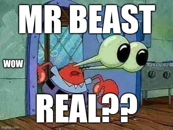 Mr Krabs Staring | MR BEAST REAL?? WOW | image tagged in mr krabs staring | made w/ Imgflip meme maker