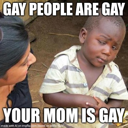 Yo mama so gay | GAY PEOPLE ARE GAY; YOUR MOM IS GAY | image tagged in memes,third world skeptical kid | made w/ Imgflip meme maker