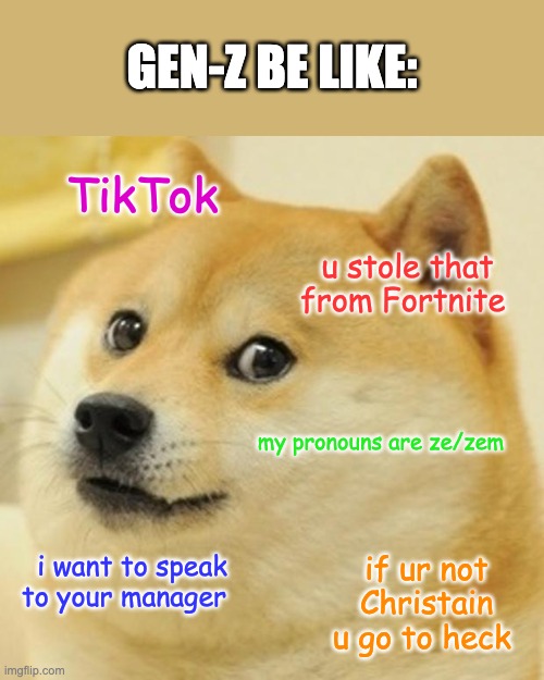 Doge Meme | GEN-Z BE LIKE:; TikTok; u stole that from Fortnite; my pronouns are ze/zem; if ur not Christain u go to heck; i want to speak to your manager | image tagged in memes,doge | made w/ Imgflip meme maker
