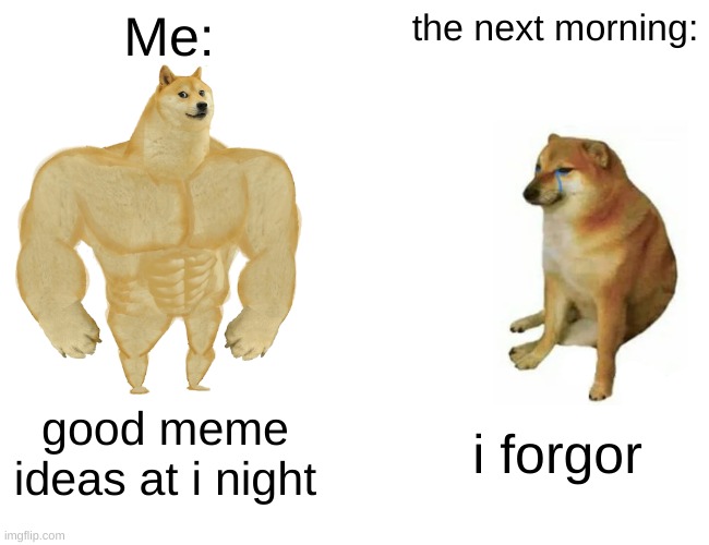 so true | Me:; the next morning:; good meme ideas at i night; i forgor | image tagged in memes,buff doge vs cheems | made w/ Imgflip meme maker