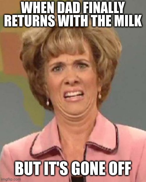 Don't want the milk now | WHEN DAD FINALLY RETURNS WITH THE MILK; BUT IT'S GONE OFF | image tagged in disgusted kristin wiig,milk,smell,bad | made w/ Imgflip meme maker