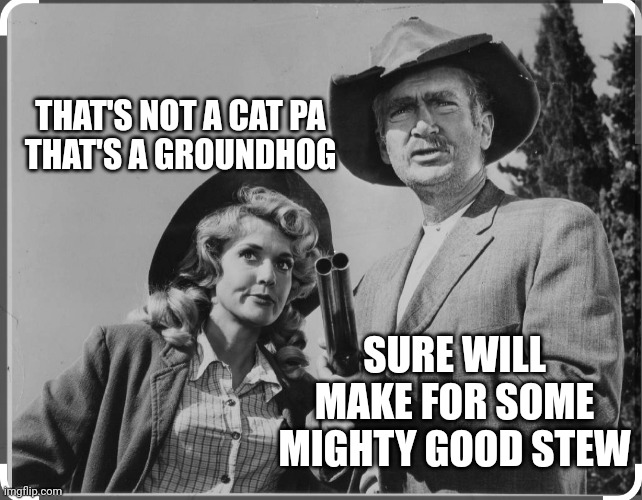Jed Clampett Groundhog stew | THAT'S NOT A CAT PA
THAT'S A GROUNDHOG; SURE WILL MAKE FOR SOME MIGHTY GOOD STEW | image tagged in jed and ellie mae clampett | made w/ Imgflip meme maker