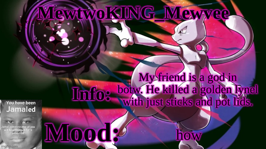 MewtwoKING_Mewvee temp 4.0 | My friend is a god in botw. He killed a golden lynel with just sticks and pot lids. how | image tagged in mewtwoking_mewvee temp 4 0 | made w/ Imgflip meme maker