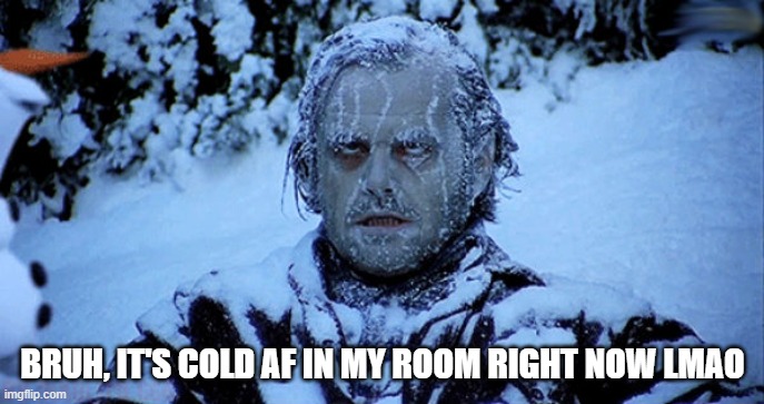 e | BRUH, IT'S COLD AF IN MY ROOM RIGHT NOW LMAO | image tagged in freezing cold | made w/ Imgflip meme maker