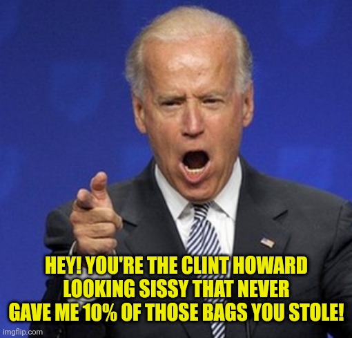 HEY! YOU'RE THE CLINT HOWARD LOOKING SISSY THAT NEVER GAVE ME 10% OF THOSE BAGS YOU STOLE! | made w/ Imgflip meme maker
