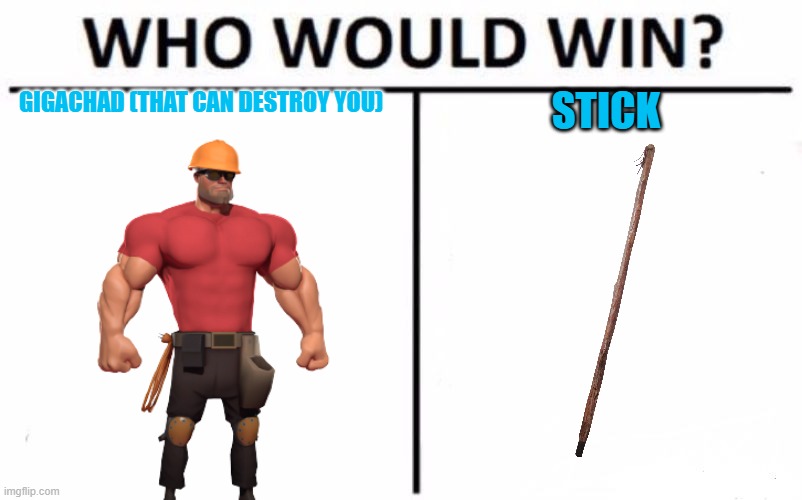 gigachad vs stick | GIGACHAD (THAT CAN DESTROY YOU); STICK | image tagged in memes,who would win | made w/ Imgflip meme maker