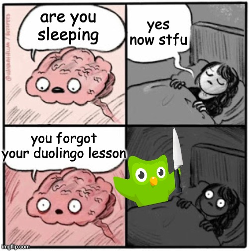 never forget it. | yes now stfu; are you sleeping; you forgot your duolingo lesson | image tagged in brain before sleep | made w/ Imgflip meme maker