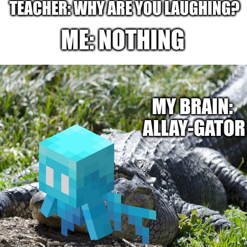 Get it? | TEACHER: WHY ARE YOU LAUGHING? ME: NOTHING; MY BRAIN: 
ALLAY-GATOR | image tagged in meme | made w/ Imgflip meme maker