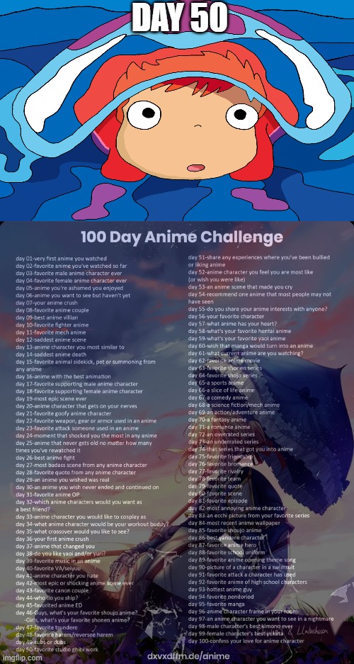 day 50 (almost to the end) | DAY 50 | image tagged in 100 day anime challenge,anime | made w/ Imgflip meme maker