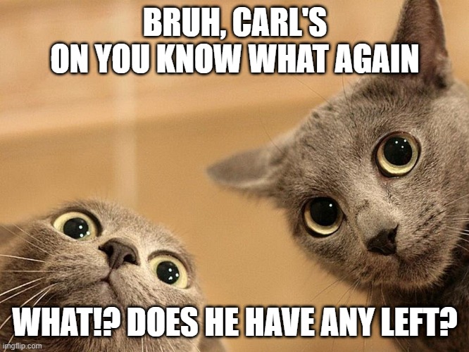 BRUH, CARL'S  ON YOU KNOW WHAT AGAIN; WHAT!? DOES HE HAVE ANY LEFT? | made w/ Imgflip meme maker