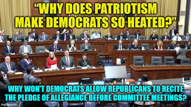 Democrats hate America... | “WHY DOES PATRIOTISM MAKE DEMOCRATS SO HEATED?”; WHY WON'T DEMOCRATS ALLOW REPUBLICANS TO RECITE THE PLEDGE OF ALLEGIANCE BEFORE COMMITTEE MEETINGS? | image tagged in democrats,hate,america | made w/ Imgflip meme maker