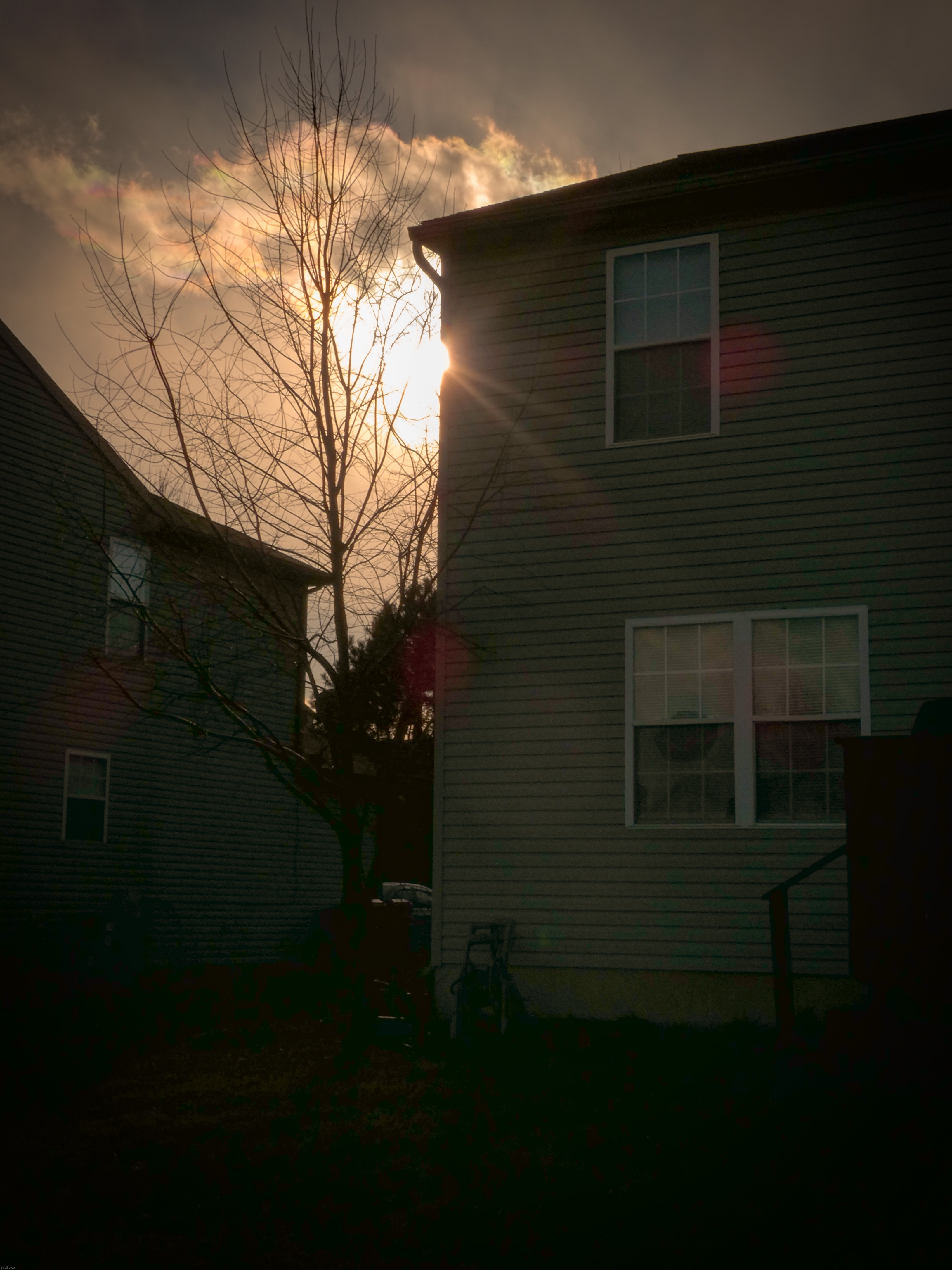 The sun between a house today, also, I was thinking of getting up really early tomorrow and trying to get some nice sunrise pics | image tagged in share your own photos | made w/ Imgflip meme maker