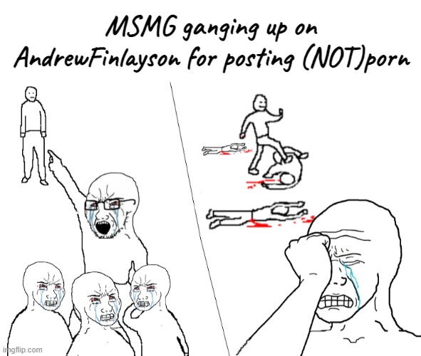 MSMG ganging up on AndrewFinlayson for posting (NOT)porn | image tagged in blank white template | made w/ Imgflip meme maker