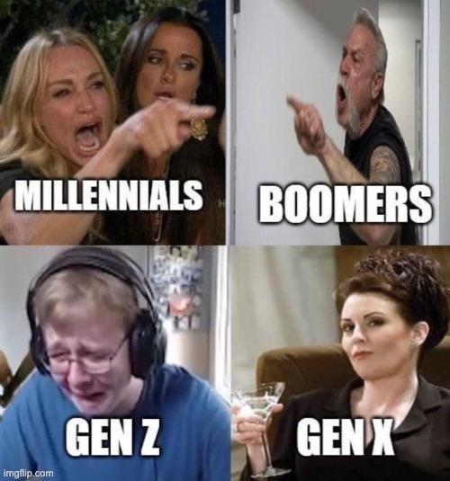 Millennials Boomers Gen Z Gen X | image tagged in millennials boomers gen z gen x | made w/ Imgflip meme maker