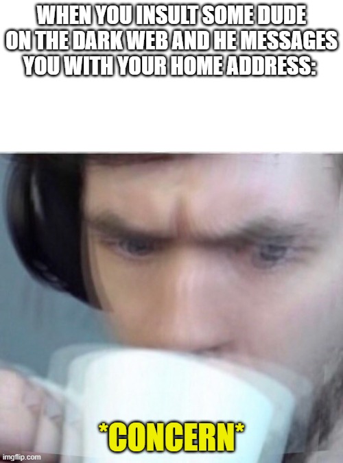 meme. | WHEN YOU INSULT SOME DUDE ON THE DARK WEB AND HE MESSAGES YOU WITH YOUR HOME ADDRESS:; *CONCERN* | image tagged in concerned sean intensifies | made w/ Imgflip meme maker