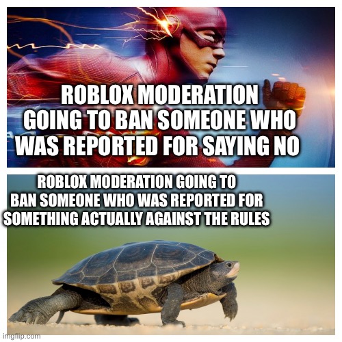 I sucks bro | ROBLOX MODERATION GOING TO BAN SOMEONE WHO WAS REPORTED FOR SAYING NO; ROBLOX MODERATION GOING TO BAN SOMEONE WHO WAS REPORTED FOR SOMETHING ACTUALLY AGAINST THE RULES | image tagged in fast vs slow | made w/ Imgflip meme maker