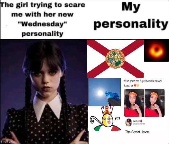 My personality in a nutshell | image tagged in the girl trying to scare me with her new wednesday personality | made w/ Imgflip meme maker