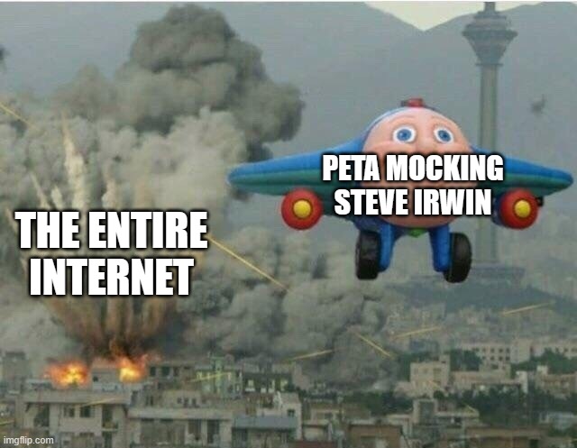 bro peta sucks | PETA MOCKING STEVE IRWIN; THE ENTIRE INTERNET | image tagged in jay jay the plane | made w/ Imgflip meme maker