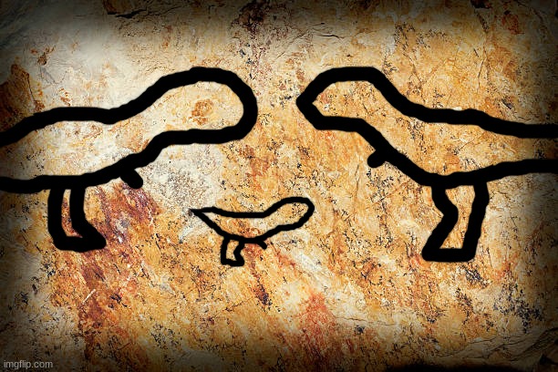 A cave painting of a t rex family (Guess who's that baby t rex) | made w/ Imgflip meme maker