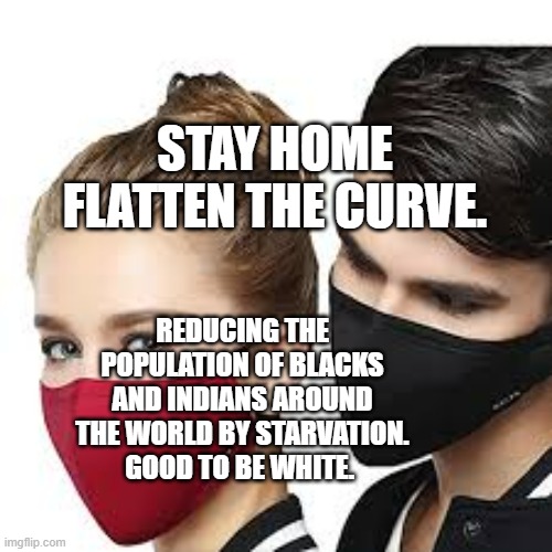 Mask Couple | STAY HOME FLATTEN THE CURVE. REDUCING THE POPULATION OF BLACKS AND INDIANS AROUND THE WORLD BY STARVATION.  GOOD TO BE WHITE. | image tagged in mask couple | made w/ Imgflip meme maker