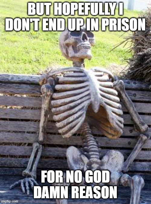 Waiting Skeleton Meme | BUT HOPEFULLY I DON'T END UP IN PRISON FOR NO GOD DAMN REASON | image tagged in memes,waiting skeleton | made w/ Imgflip meme maker