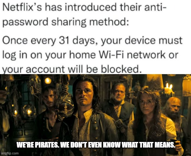 Netflix Rules Change | WE'RE PIRATES. WE DON'T EVEN KNOW WHAT THAT MEANS. | image tagged in netflix,pirates | made w/ Imgflip meme maker