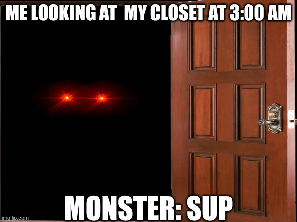 sup | ME LOOKING AT  MY CLOSET AT 3:00 AM; MONSTER: SUP | image tagged in funny | made w/ Imgflip meme maker