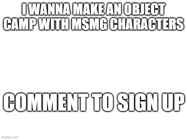 preferably with an object or ill draw one for you | I WANNA MAKE AN OBJECT CAMP WITH MSMG CHARACTERS; COMMENT TO SIGN UP | made w/ Imgflip meme maker
