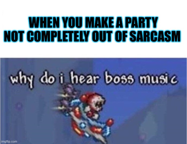 why do i hear boss music | WHEN YOU MAKE A PARTY NOT COMPLETELY OUT OF SARCASM | image tagged in why do i hear boss music | made w/ Imgflip meme maker