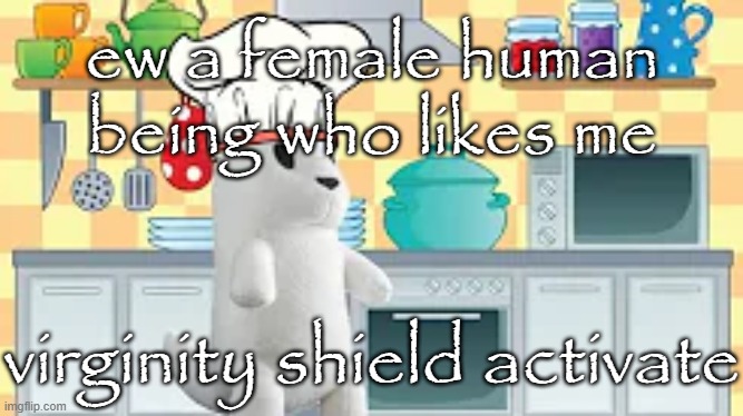 cooking with slugcat | ew a female human being who likes me; virginity shield activate | image tagged in cooking with slugcat | made w/ Imgflip meme maker