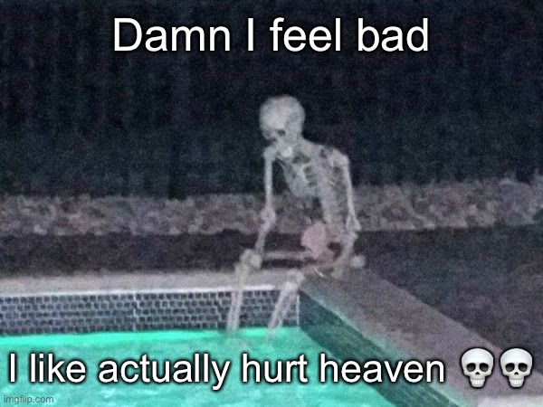 Skeleton pool | Damn I feel bad; I like actually hurt heaven 💀💀 | image tagged in skeleton pool | made w/ Imgflip meme maker