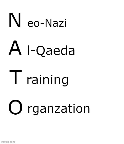 N A T O | eo-Nazi; N; A; l-Qaeda; T; raining; rganzation; O | image tagged in blank white template | made w/ Imgflip meme maker