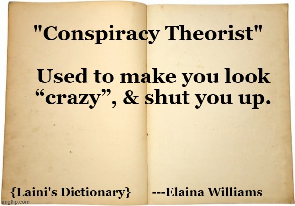 Dictionary meme | "Conspiracy Theorist"  
 
Used to make you look “crazy”, & shut you up. {Laini's Dictionary}       ---Elaina Williams | image tagged in dictionary meme | made w/ Imgflip meme maker