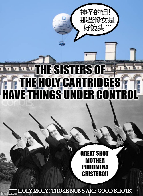 神圣的钼！
那些修女是
好镜头 ***; THE SISTERS OF THE HOLY CARTRIDGES HAVE THINGS UNDER CONTROL; GREAT SHOT 
MOTHER PHILOMENA CRISTERO!! *** HOLY MOLY! THOSE NUNS ARE GOOD SHOTS! | made w/ Imgflip meme maker