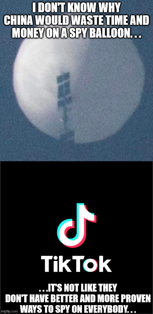 I DON'T KNOW WHY CHINA WOULD WASTE TIME AND MONEY ON A SPY BALLOON. . . . . .IT'S NOT LIKE THEY DON'T HAVE BETTER AND MORE PROVEN WAYS TO SPY ON EVERYBODY. . . | image tagged in spy balloon,tiktok logo,politics | made w/ Imgflip meme maker