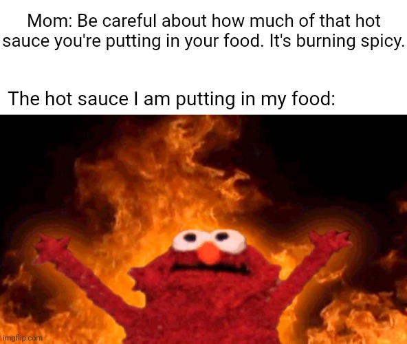 X-tra hot sauce | Mom: Be careful about how much of that hot sauce you're putting in your food. It's burning spicy. The hot sauce I am putting in my food: | image tagged in elmo fire,blank white template,funny,memes,hot sauce,sauce | made w/ Imgflip meme maker