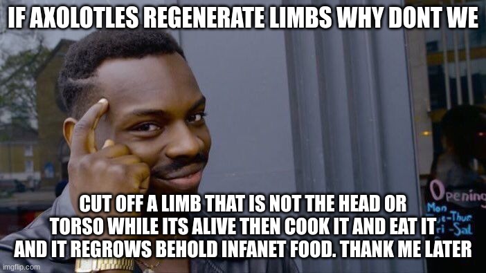 Roll Safe Think About It Meme | IF AXOLOTLES REGENERATE LIMBS WHY DONT WE; CUT OFF A LIMB THAT IS NOT THE HEAD OR TORSO WHILE ITS ALIVE THEN COOK IT AND EAT IT AND IT REGROWS BEHOLD INFANET FOOD. THANK ME LATER | image tagged in memes,roll safe think about it | made w/ Imgflip meme maker