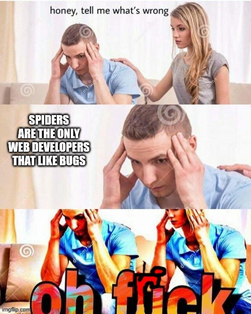 Credits to a YouTube short that used the metal gear reaction | SPIDERS ARE THE ONLY WEB DEVELOPERS THAT LIKE BUGS | image tagged in oh frick | made w/ Imgflip meme maker