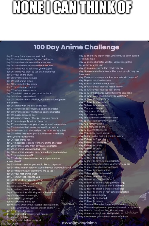 Day 60 | NONE I CAN THINK OF | image tagged in blank white template,100 day anime challenge | made w/ Imgflip meme maker