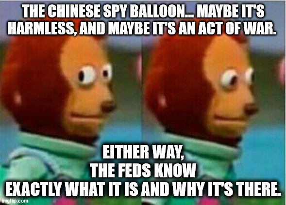 Chinese spy balloon | THE CHINESE SPY BALLOON... MAYBE IT'S HARMLESS, AND MAYBE IT'S AN ACT OF WAR. EITHER WAY, THE FEDS KNOW EXACTLY WHAT IT IS AND WHY IT'S THERE. | image tagged in teddy bear look away | made w/ Imgflip meme maker