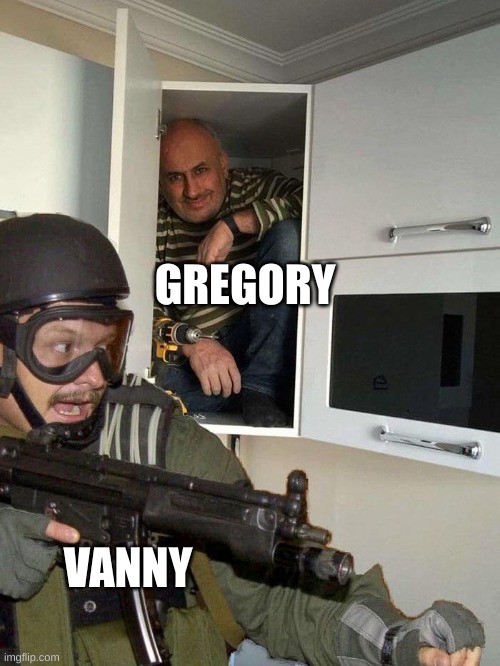 Vanny look at Freddy! He's retrofitted with the robots! Look! | GREGORY; VANNY | image tagged in man hiding in cabinet,fnaf security breach,fnaf | made w/ Imgflip meme maker