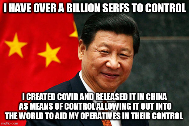 Xi Jinping | I HAVE OVER A BILLION SERFS TO CONTROL; I CREATED COVID AND RELEASED IT IN CHINA
 AS MEANS OF CONTROL ALLOWING IT OUT INTO THE WORLD TO AID MY OPERATIVES IN THEIR CONTROL | image tagged in xi jinping | made w/ Imgflip meme maker