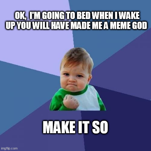 Success Kid | OK,  I'M GOING TO BED WHEN I WAKE UP YOU WILL HAVE MADE ME A MEME GOD; MAKE IT SO | image tagged in memes,success kid | made w/ Imgflip meme maker