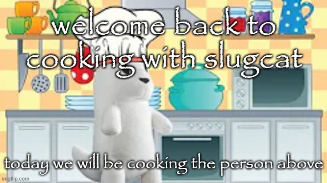 cooking with slugcat | welcome back to cooking with slugcat; today we will be cooking the person above | image tagged in cooking with slugcat | made w/ Imgflip meme maker