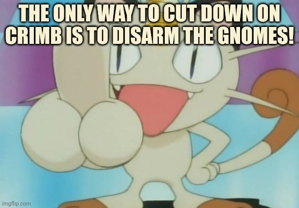 Meowth Dickhand | THE ONLY WAY TO CUT DOWN ON CRIMB IS TO DISARM THE GNOMES! | image tagged in meowth dickhand | made w/ Imgflip meme maker
