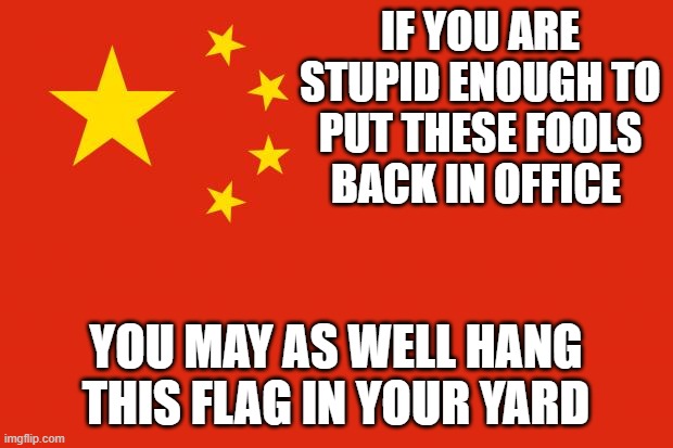 china flag | IF YOU ARE STUPID ENOUGH TO PUT THESE FOOLS BACK IN OFFICE; YOU MAY AS WELL HANG THIS FLAG IN YOUR YARD | image tagged in china flag | made w/ Imgflip meme maker