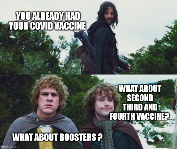 Vaccinated | YOU ALREADY HAD YOUR COVID VACCINE; WHAT ABOUT SECOND THIRD AND FOURTH VACCINE? WHAT ABOUT BOOSTERS ? | image tagged in aragorn merry pippin second breakfast,vaccines,vaccination | made w/ Imgflip meme maker