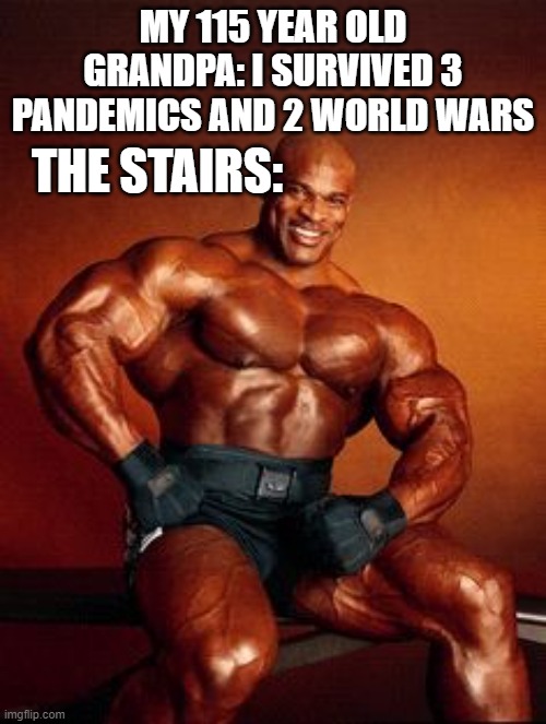 Bruh | MY 115 YEAR OLD GRANDPA: I SURVIVED 3 PANDEMICS AND 2 WORLD WARS; THE STAIRS: | image tagged in strong guy | made w/ Imgflip meme maker