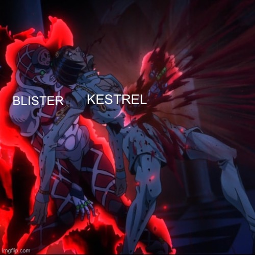 The only time a wof character got donuted | KESTREL; BLISTER | image tagged in jojo's bizarre adventure,wings of fire | made w/ Imgflip meme maker